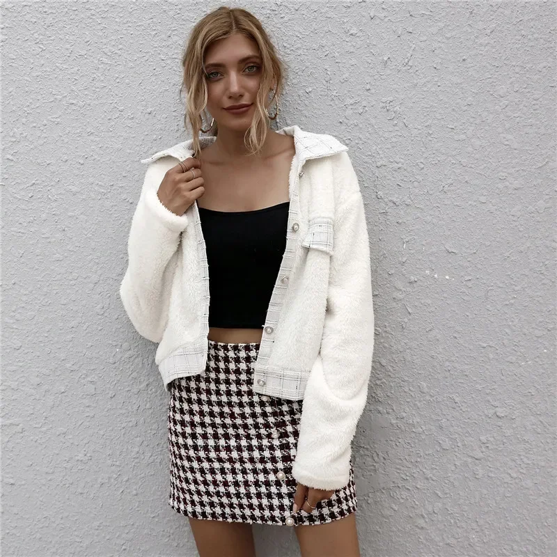 

Ladies Fashion Lapel Collar Shirt Wool Coat Winter Leisure Long Sleeve Pocket Cardigan Coat Single Breasted Short Coat 2023