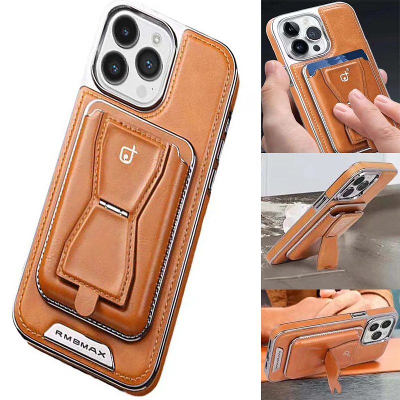 for iPhone 16 15 14 Plus 13 12 Pro Max Case Luxury PU Leather Back Cover with Hole Removable Magnetic Card Pocket Foldable Stand