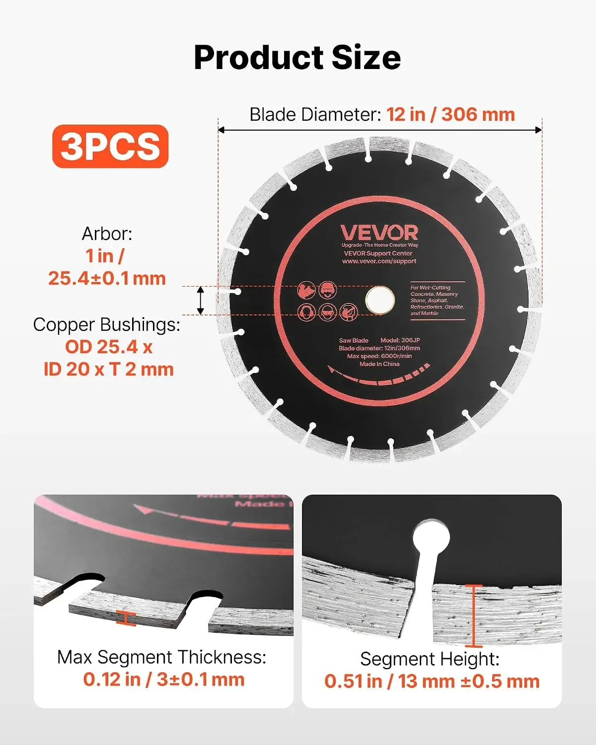 Diamond Blades 12 inch, 3-Pack Concrete Saw Blade Set, 1 in Arbor, High-Hardness Diamond Segments, 65Mn Steel Core, Dry Wet Cutt