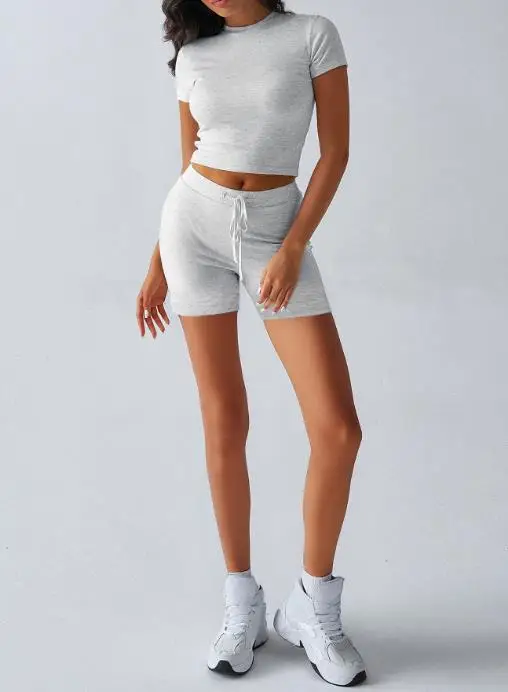 

Summer Women's Yoga Sports Style Solid Color 2-Piece Round Neck Waist Cinched Short Sleeved Top and Lace Up Tight Shorts Set