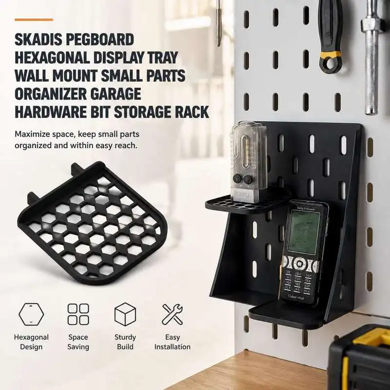 Skadis Pegboard Hexagonal Display Tray Wall Mount Small Parts Organizer Garage Hardware Bit Storage Rack