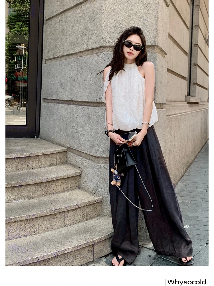 

Brown Cotton Linen Pants Loose Wide Leg Elastic Waist Thin Breathable Slimming Design Women Summer New Casual Trousers