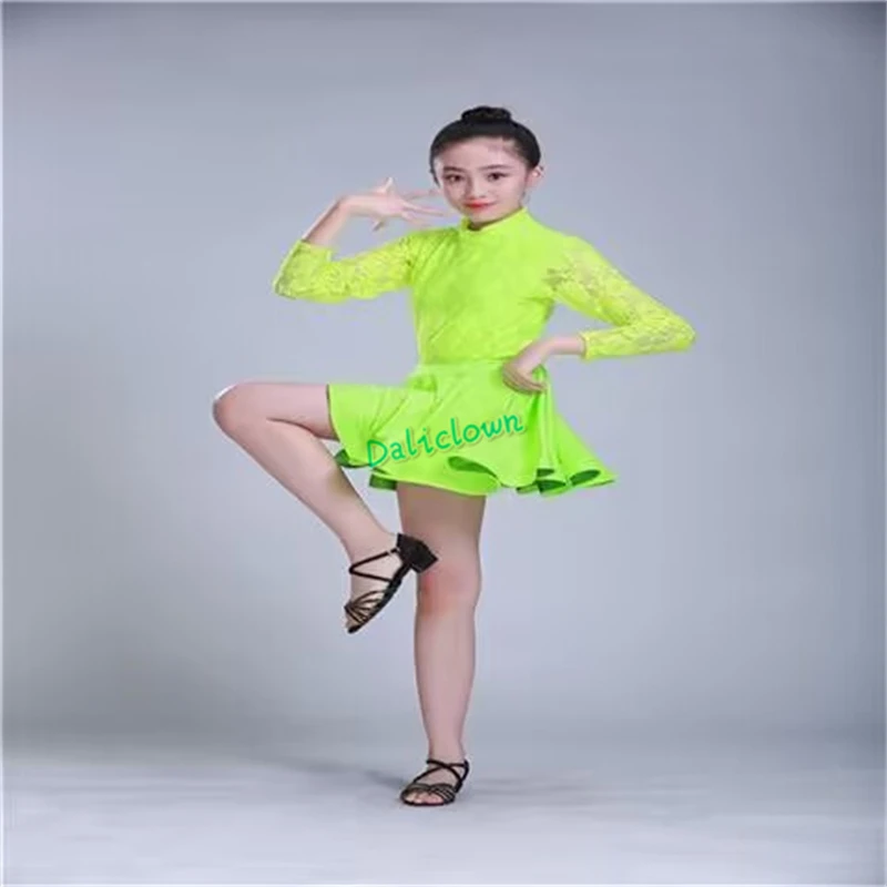 Latin Dance Dress For Girls Short Long Sleeve Lace Standard Ballroom Dancing Dress Skirt Kid Performance Wear Tango Salsa Dress