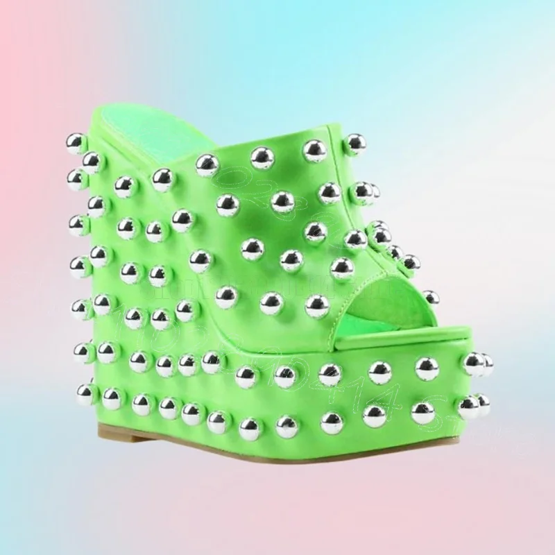 

Metal Round Rivets Green Wedges Heel Platform Slippers Slip On Women Shoes Peep Toe Party Feast Dating 2025 Zapatos Para Mujere