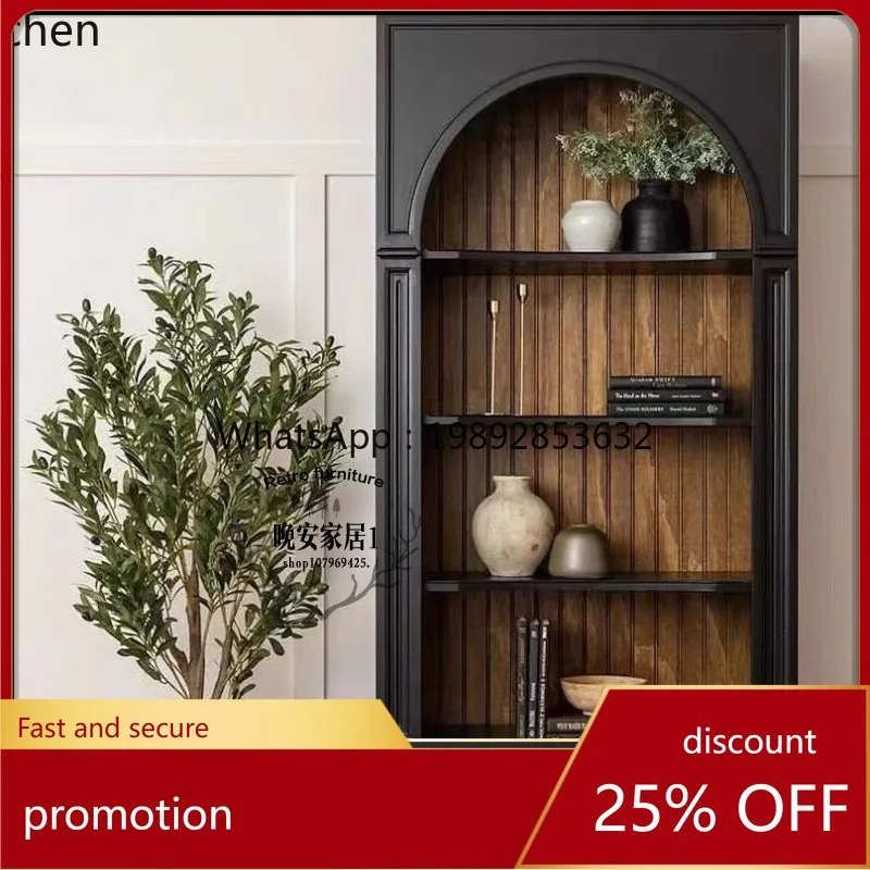 

HT American Country Classical Solid Wood Arch Bookcase French Retro Black Oak Display Entryway Display