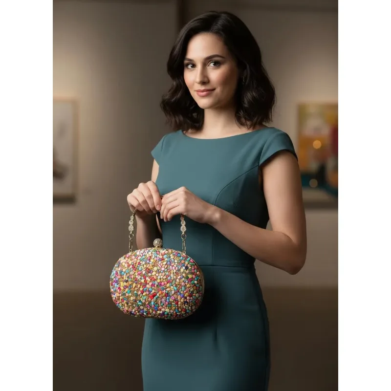 New Colored Diamond Shell Dinner Bag Women's Luxury Multi-Color Crystal Clutch Bag Party Wedding Chain Bag