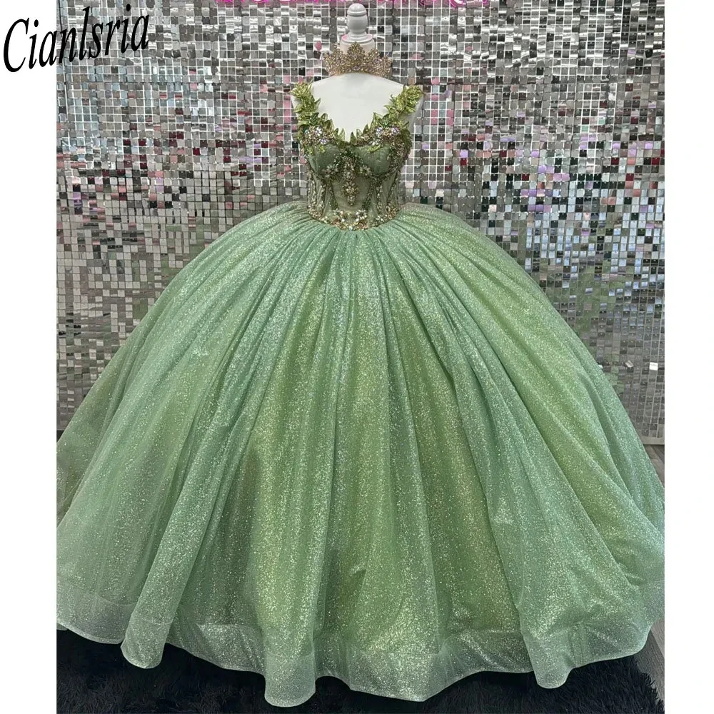 

Sage Green Illusion Crystal Beading Ball Gown Quinceanera Dresses Appliques Lace Ribbons Corset Vestido De 15 Anos