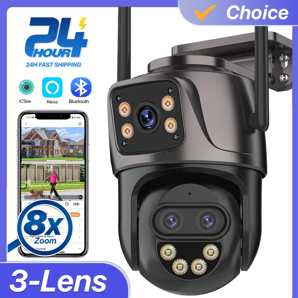 3-Lens 6K PTZ Camera 8X Zoom 4K WIFI IP Outdoor Camera 2-Lens AI Auto Tracking Security Camera P2P CCTV Surveillance iCSee