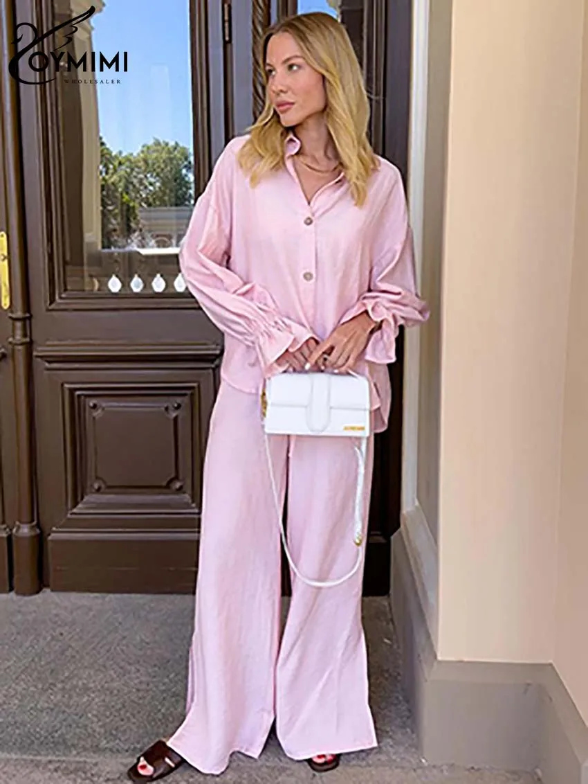 Oymimi elegante conjunto de 2 peças de algodão rosa feminino moda lapela manga longa botão camisa e cordão fenda lateral calças conjunto