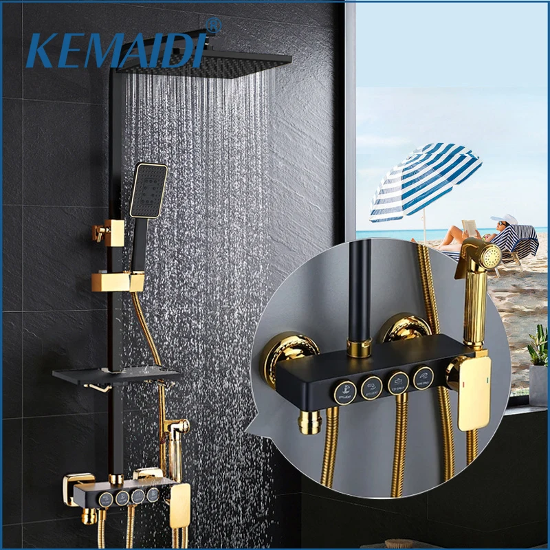 

KEMAIDI Black Gold Shower Faucet Set Bathtub 4-way Mixer Tap with Bidet and Shelf Bathroom Rainfall Shower Systerm Wall Mount