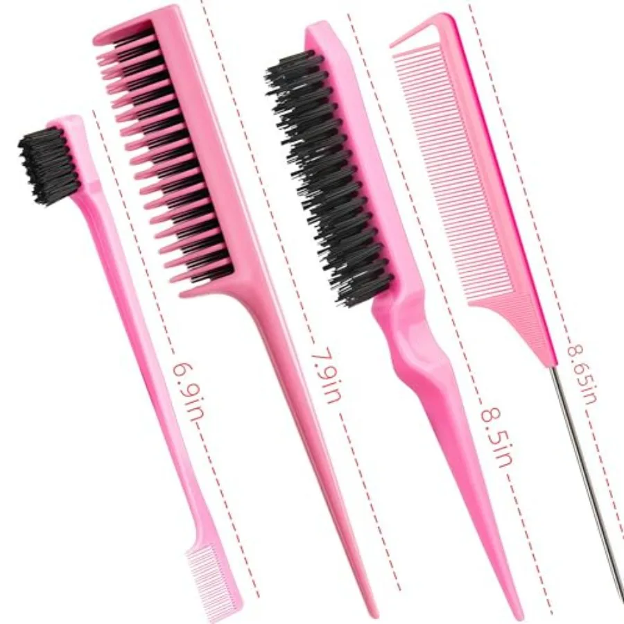 Hair Brush Set for Women and Girls Styling: Pink 4-Piece Three-Row Teasing Comb Edge Brush Rat Tail Comb view 2
