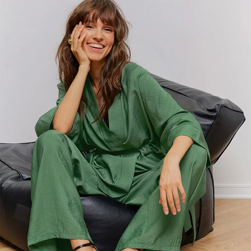 

Green 2 Piece Set Women Pajama V-neck Long Sleeve Lace Up Cardigans Elastic Waist Loose Trousers Soft Comfort Homewear Suit