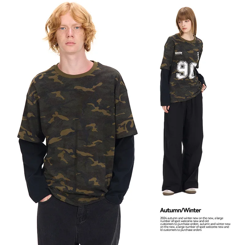 

Мужская одинаковая футболка с камуфляжным принтом из 100% хлопка с длинными рукавами, осень-зима, свободный повседневный одинаковый топ для пар