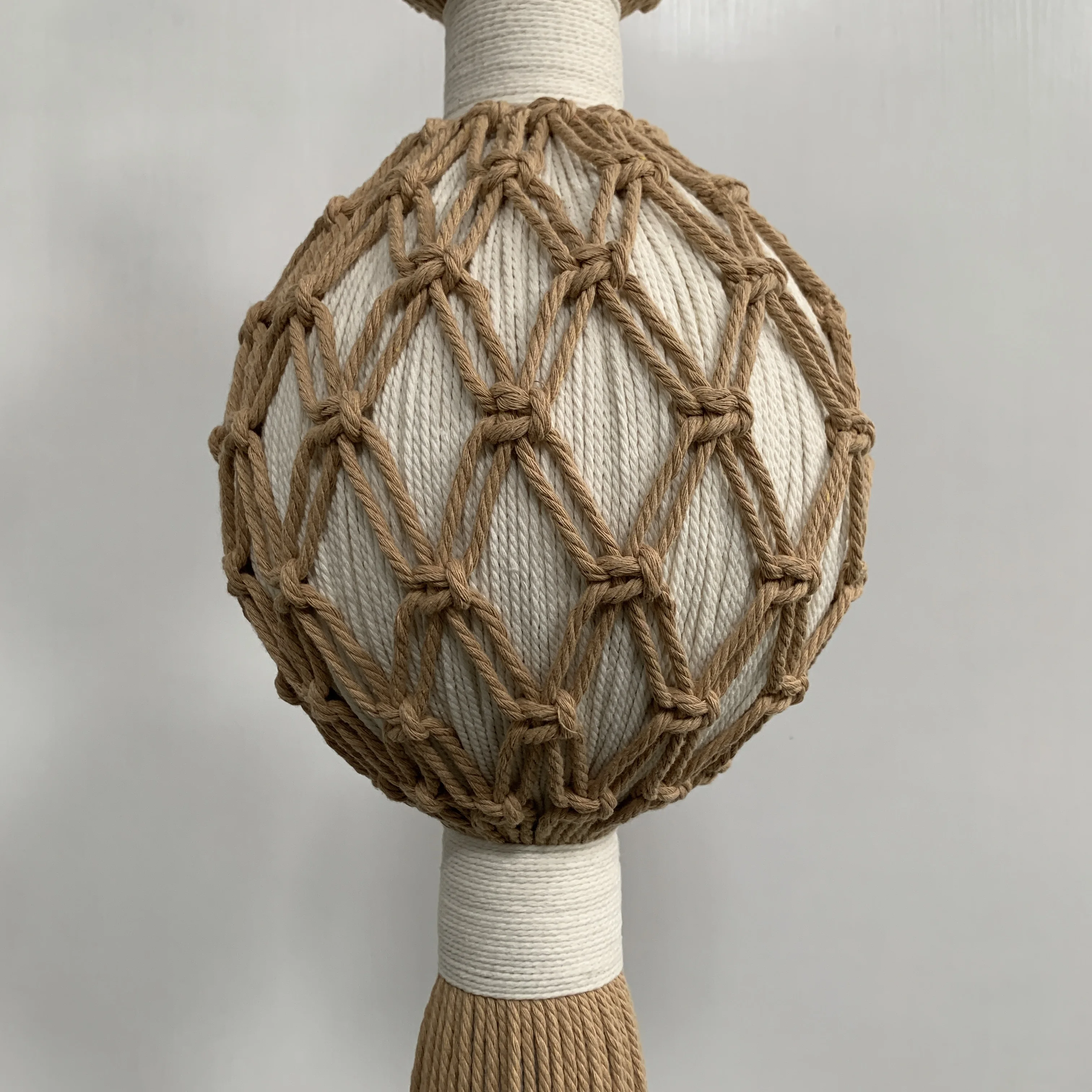 Double Sphere Macrame Wall Hanging | Woven Cage Fiber Art | Bamboo Ring Tassel Decor