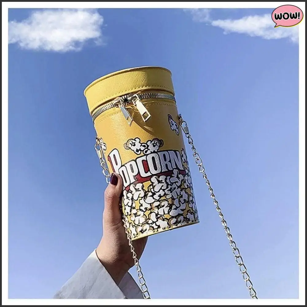 2025 Bolso tipo cubo con diseño de palomitas de maíz de PU, bolso cruzado con cadena creativa, bolso de hombro moderno a la moda