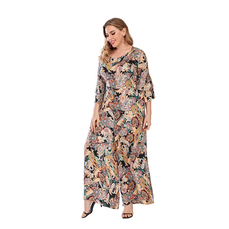Tinaa Plus Size Jumpsuits Women 2025 Spring Print O-neck Flare Sleeve Lazy Comfortable Wide-leg Pant-hem Casual Overall Jumpsuit