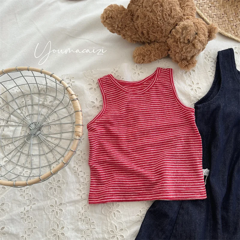 

Han 2026 Spring and Summer New Children's Striped Crew Neck Vest Girls' Baby Simple Sleeveless Top Casual Bottoming T-shirt