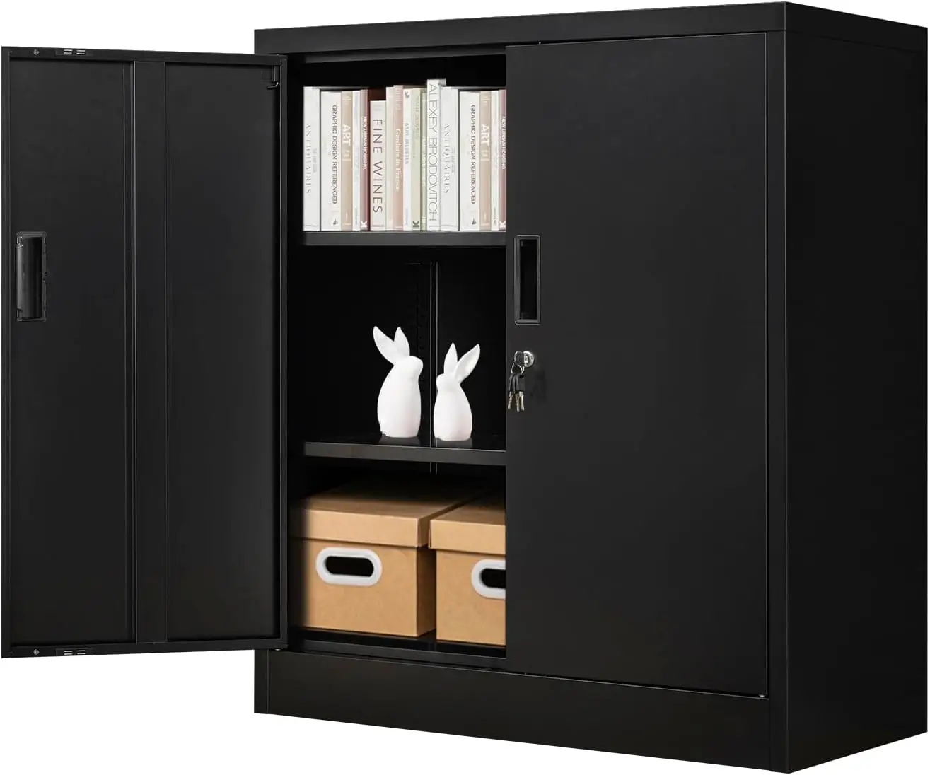 Metal Storage Cabinet with 2 Shelves. Steel Locking Storage Cabinet for Home, Office, Garage, Utility Room and Basement