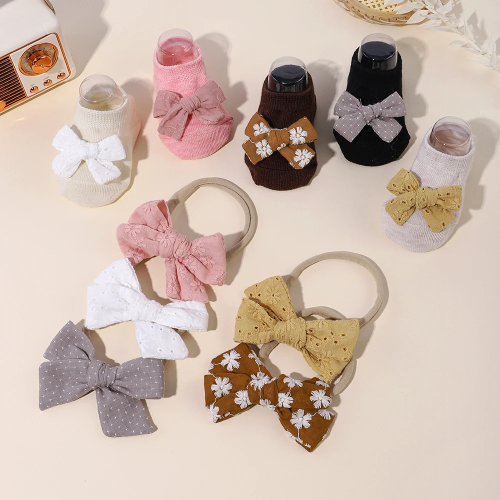 1 pair of baby socks hair band set cute bows short socks nylon elastic headband for 0-2Y newborn babe girl delicate gift set