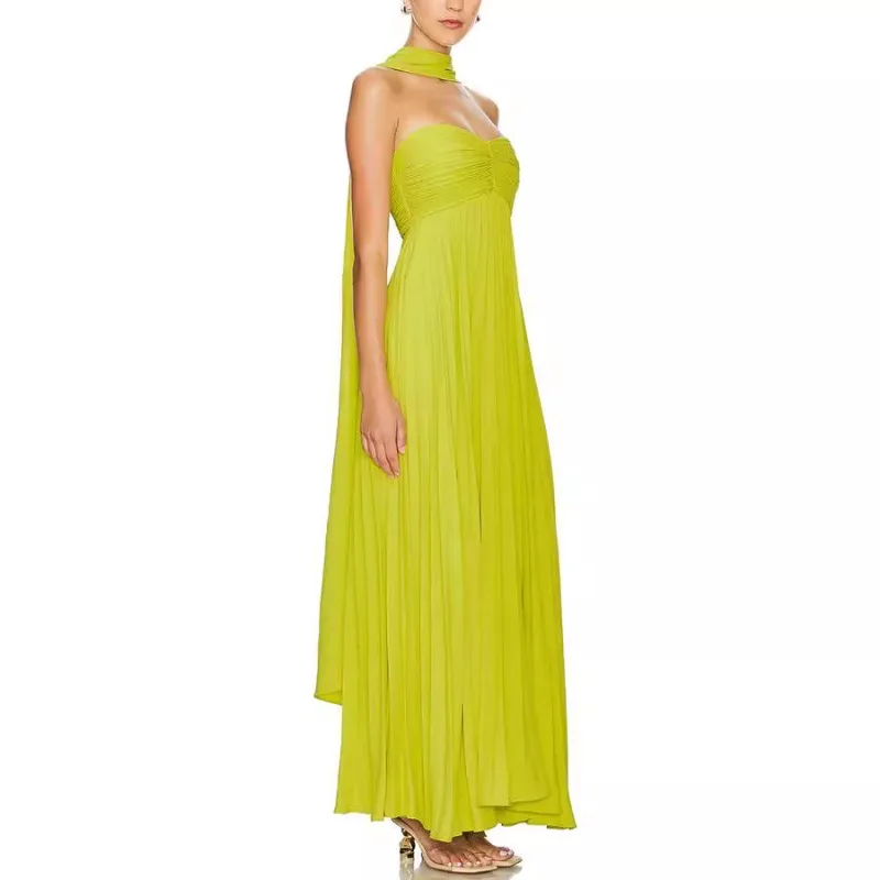 Elegant Strapless Pleated Long Dress for Women Sexy Sleeveless Backless Design Spring Summer New Arrival Lady Evening Party Robe