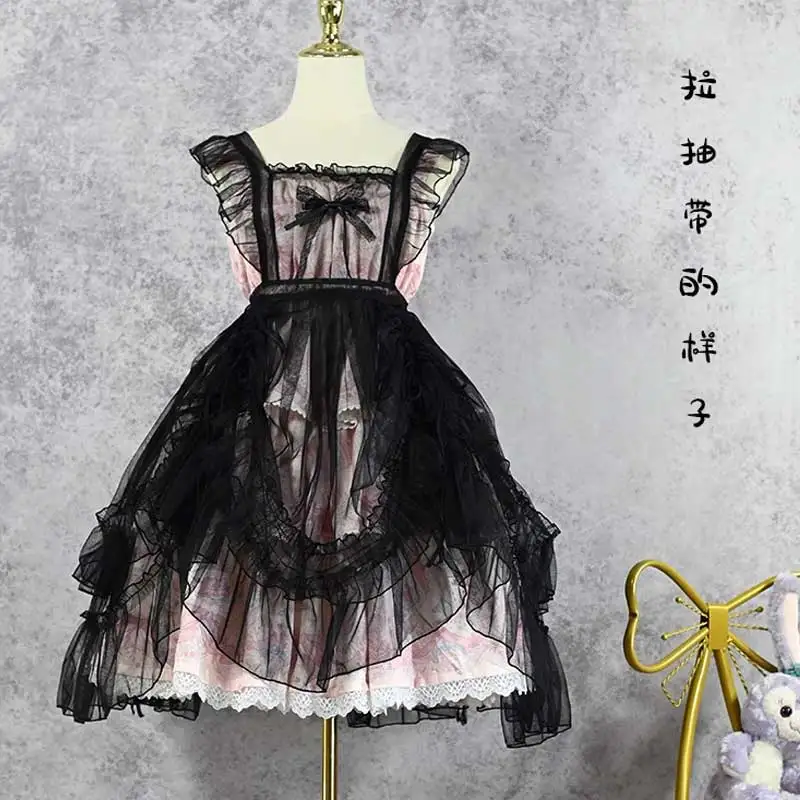 Japanse Kawaii Lolita Jsk Jurk Voor Vrouwen, Kant Mesh Ruche Strik, Mouwloze Sling Jurken, Prinses Feest Mini Jurk