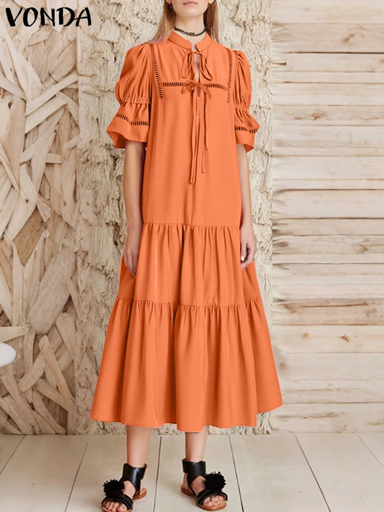 

Summer Sundress VONDA 2025 Elegant Long Dress Women Fashion Ruffled Short Sleeve Party Vestidos Lace-up Hollow Out Solid Robe