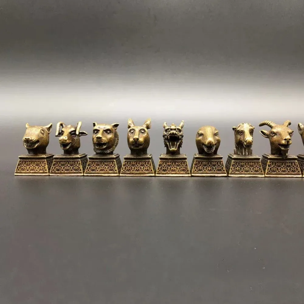 Set of 12 Solid Brass Zodiac Animal Head Mini Square Seal Pendant Home Desk Collectible Gift