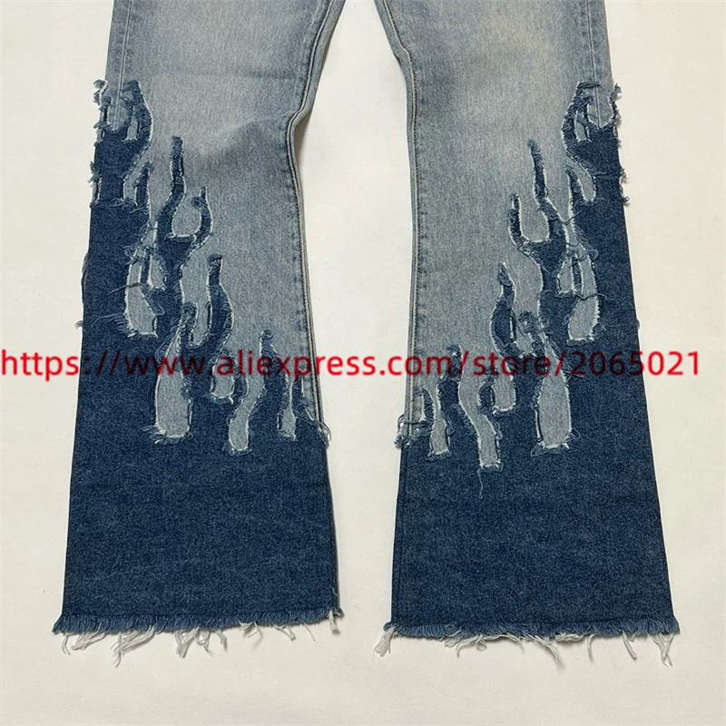 Patchwork Flame Tassels Jeans Men Women 1:1 Best Quality Loose Casual Washed Denim Pants