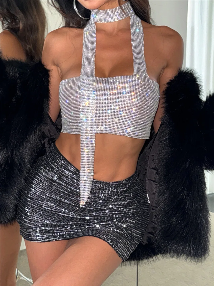 shiny Rhinestone Halter Neck Crop Tops Sexy Backless Bandage Strapless Dew Waist Tank Top Rave Festival Party Camisole