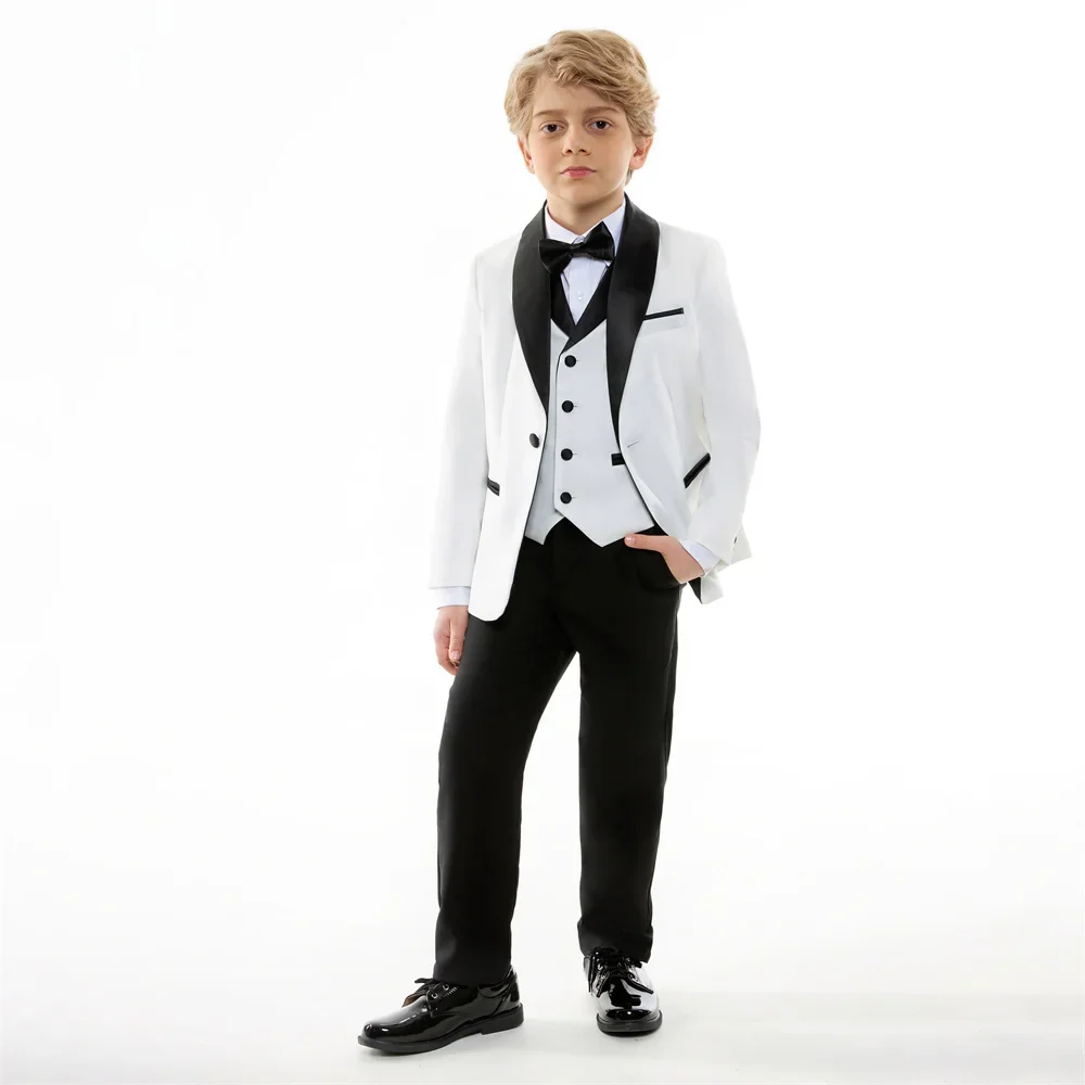 Kids White Black Contrast Elegant Slim Fit 4PCS Tuxedo Suit Set For Christmas New Year Formal Occasion Wedding Prom Blazer Vest