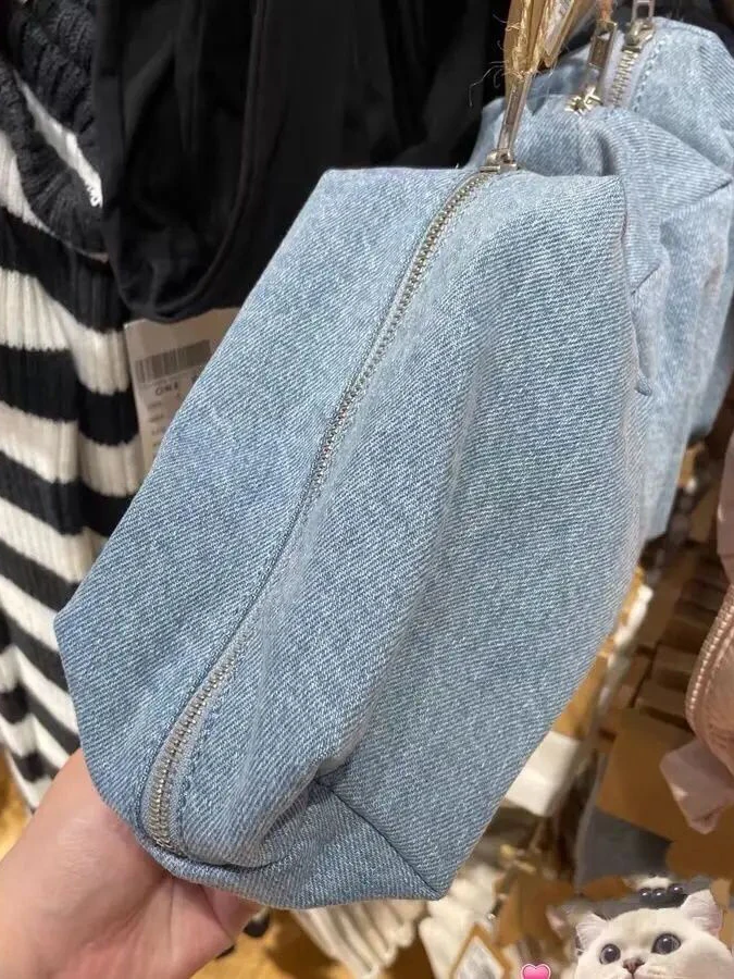 女性用ヴィンテージデニムメイクアップバッグ,学生用ペンシルバッグ,単色,ジッパー,カジュアル,シンプル,ソフト,高品質,ミニバッグ,y2k,ブルー,新品