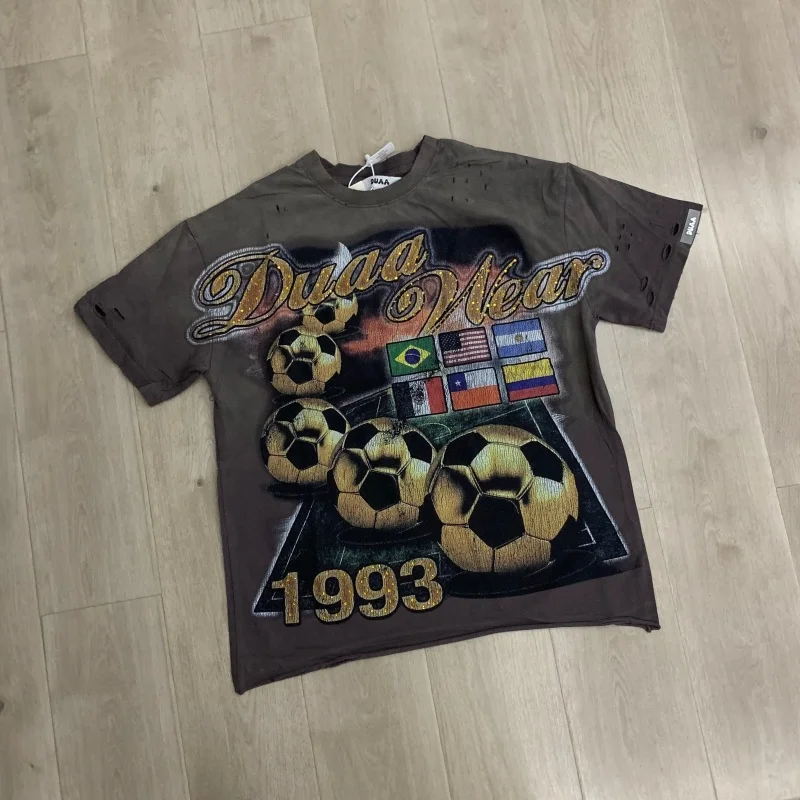 DUAA Streetwear Trendy Soccer Prints Washed Distressed Vintage Summer Men's Women's Oversized Cotton T-shirts