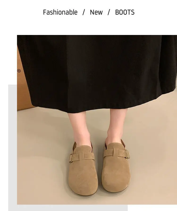 Damen-Wildleder-Pantoletten mit geschlossener Zehenpartie, verstellbare Schnalle, flache Clogs zum Überziehen, Retro-Freizeit-Outdoor-Schuhe ohne Rücken. – Detail 14