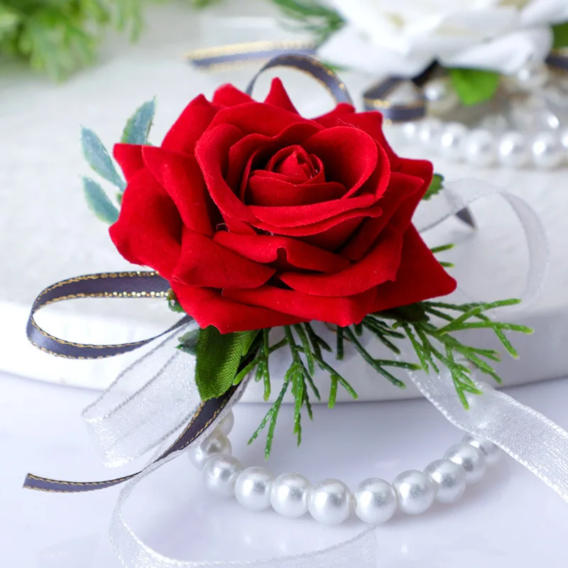 

1pcs, Korean Bride Pearl Wrist Flower Groom Simulation Corsage Wedding Bridesmaids Sister Group Wrist Flower Rose Brooch