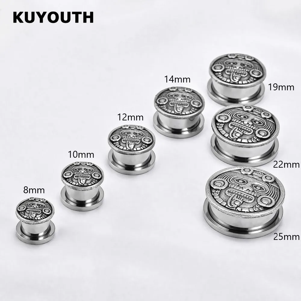 KUYOUTH Newest Stainless Steel Maya Totem Ear Expanders Screw Plugs Tunnels Earring Gauges Body Piercing Jewelry Stretchers 2PCS