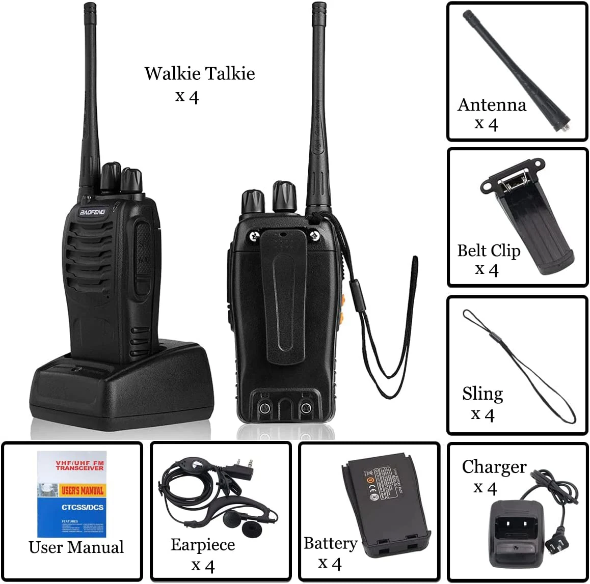 

Baofeng 4Pcs BF 888S Walkie Talkie UHF 400 470MHz Long Range Two Way Ham Radios Transceiver for Hunting Hotel