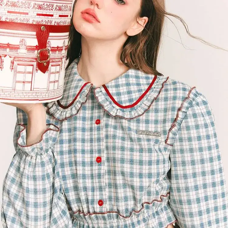 

Shirt Spring Plaids Peter Pan Collar Patchwork Sweet Blouse Women Loose All-Match Fashion Gentle Femme Shirt