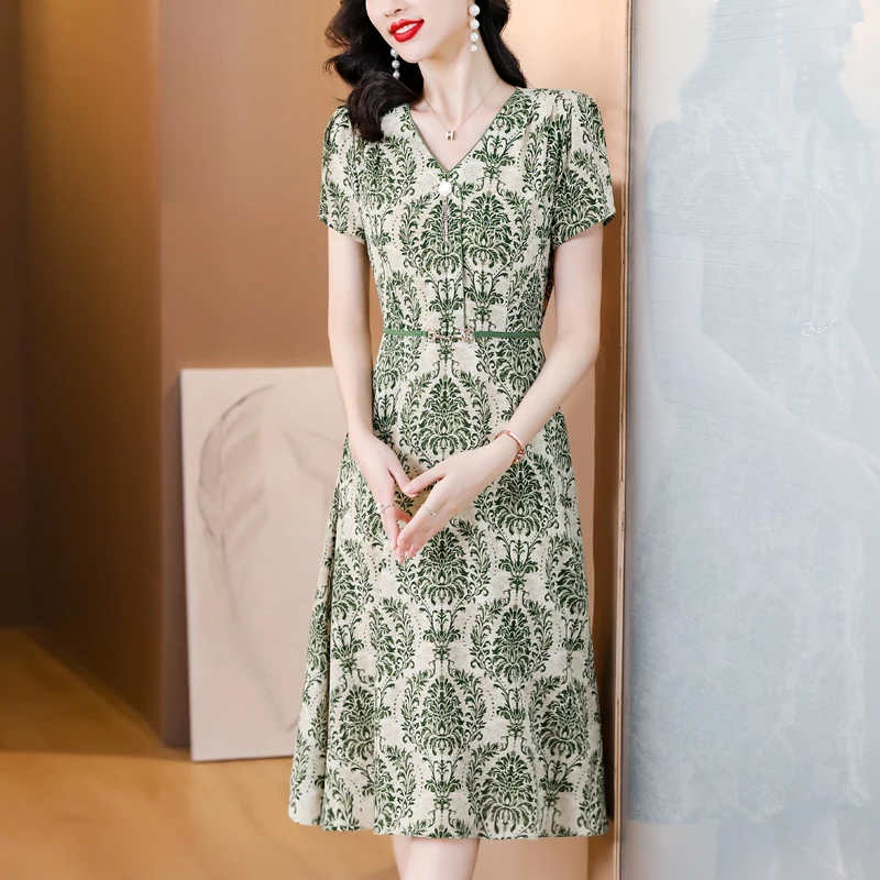 2025 Spring Summer Print Short Sleeve Dress Korean Vintage Women Office Dress Elegant Bodycon Black Party Evening Vestidos
