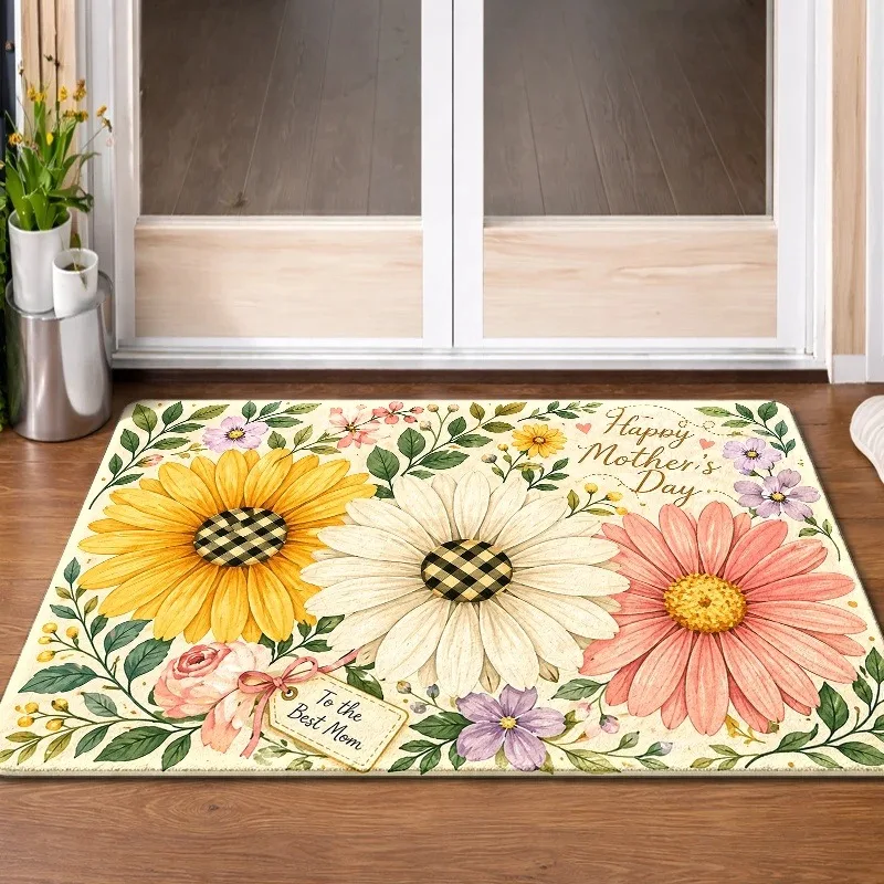 Spring Floral Doormat Dark‑Green Base Yellow Multicolor Tiny Blossom Non‑Slip Floor Rug Garden Decor Mat for House Entryway