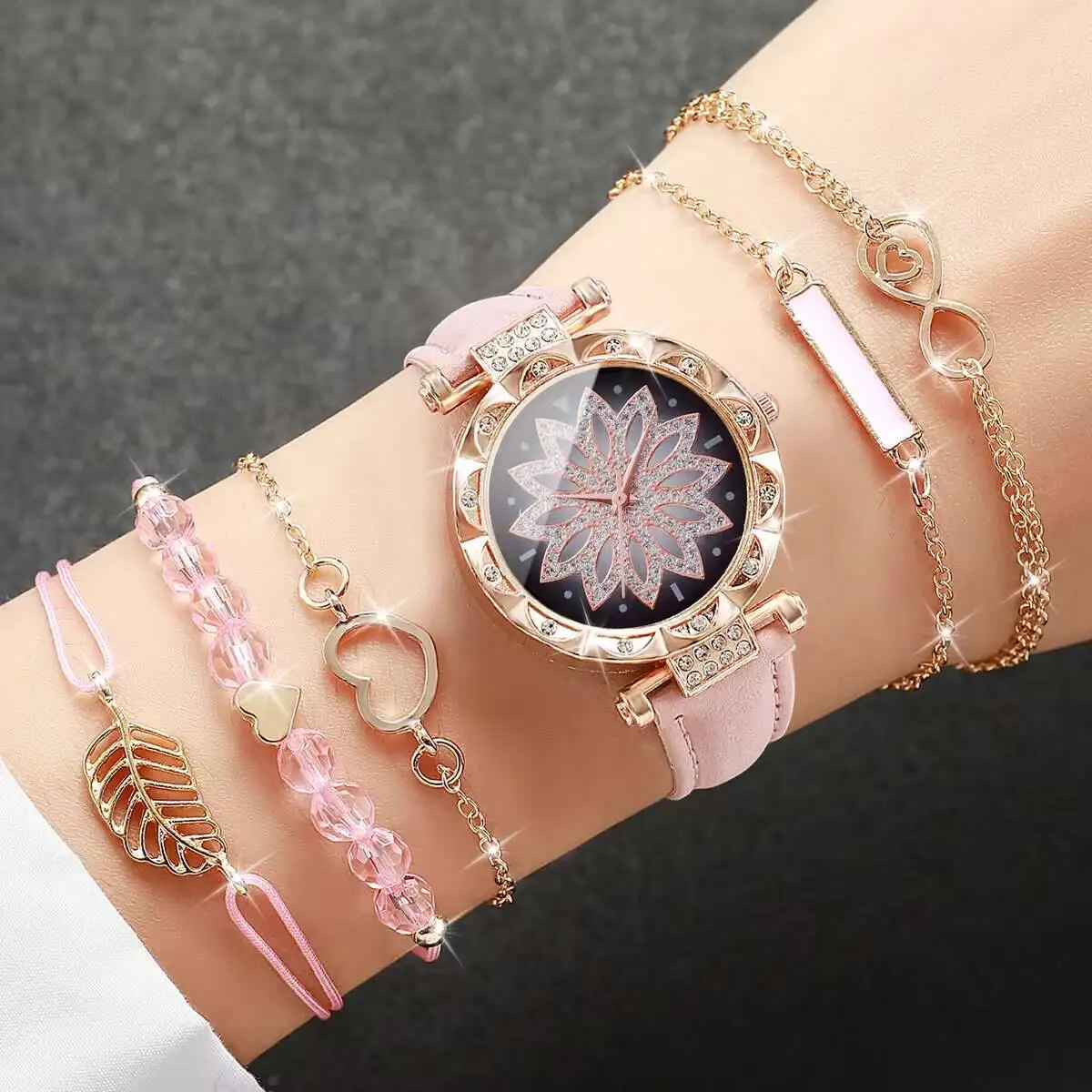 6PCS/Set Fashion Casual Flower Dial Women's Leather Band Quartz Watch Female Wrist Watches Bracelets Set（Without Box）