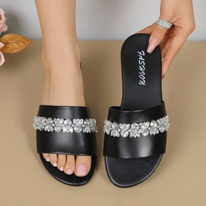

Fashion Rhinestone Decor Flat Sandals Women Lightweight Soft Sole Crystal Slippers Woman Open Toe Pu Leather Slides Plus Size 43