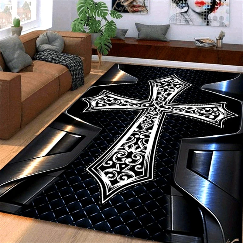 Modern Metal Cross Print Rug - Non-Slip Rectangle Mat for Living Room Bedroom Kitchen Indoor Outdoor, Contemporary Decor Mat