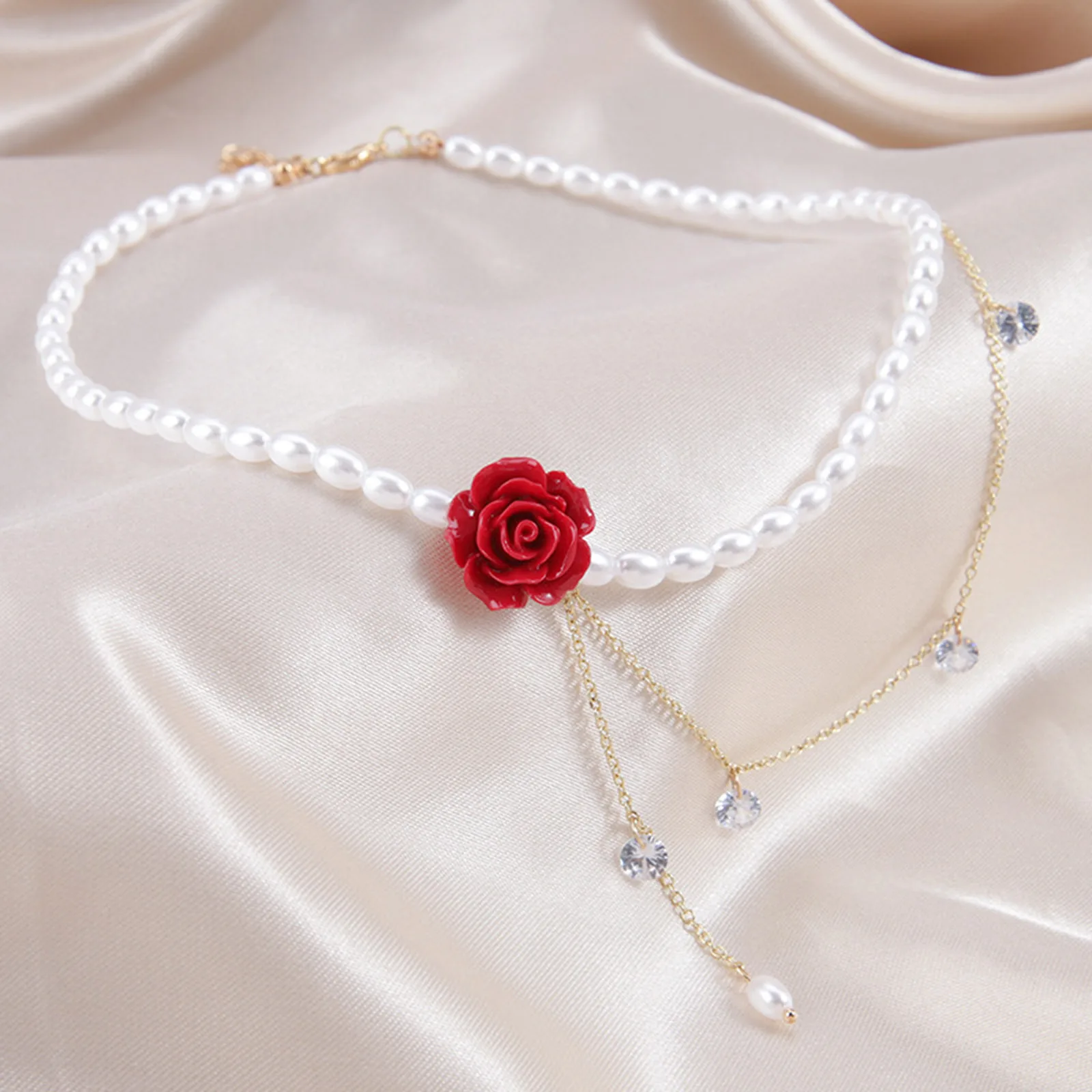 Dainty Sweet Red Rose Flower Charm Pendant Chain Necklaces for Women Girls, Simulated Pearl Beads Necklace Gothic Collar