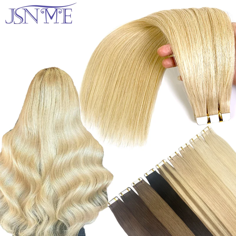 JSNME Tape In Hair Extensions  Invisible 100% Real Human Hair Straight Tape Ins Black Brown Blonde 16-24 inch For Salon