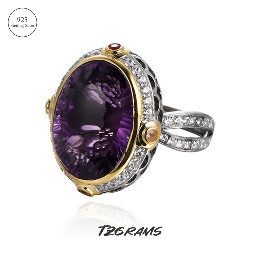 TZgrams 925 Silver Rings Oval Big Amethyst Citrine Two Tone Natural Purple Gemstone Ring for Women Adjustable Fine Jewelry