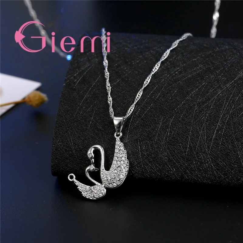 The Best Gift For Bride Two Swan Togetger 925 Sterling Silver  Earrings+Necklace Crystal Jewelry Sets Cubic Zircon Bijoux