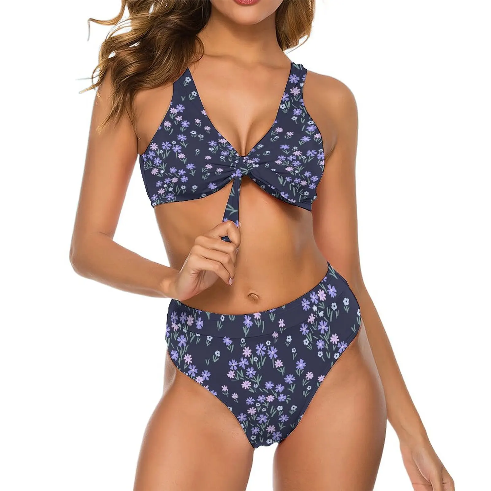 

Blue Ditsy Floral Bikini Swimsuit Sexy Purple Flowers High Waisted Bikini Set Women Fantasy Swimwear High Cut Beach Outfits