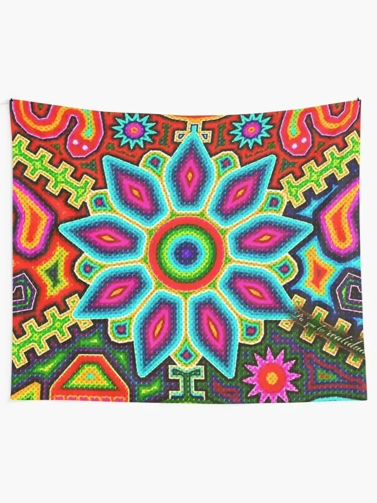 Mexican Colorful Huichol | Mexican Blanket Design | Large Cozy King Size | Vintage Folk Art - Tapestry Wall Art Tapestry