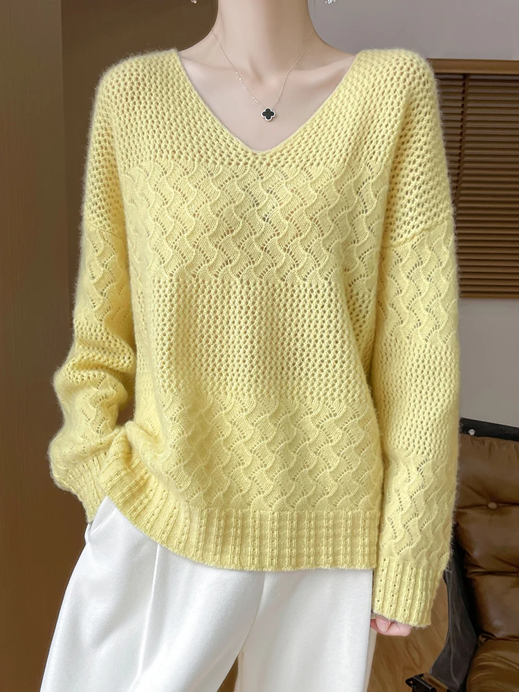 New Chic Women's Hollow Wool Sweater V-neck Long Sleeve Pullover Grace Soft 100% Merino Wool Knitwear Spring Autumn Cashmere Top