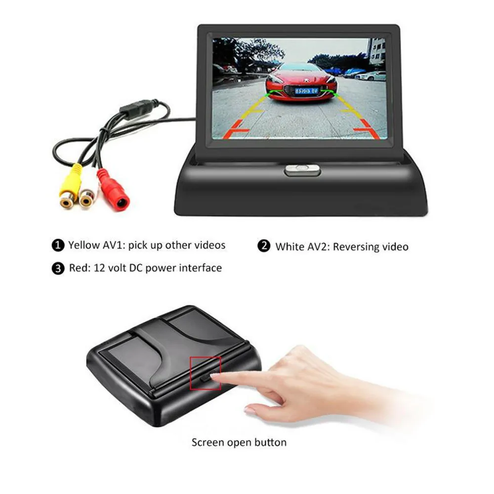 4.3 Inch Folding Screen Car Monitor for Rear View Camera Reversing Image Display TFT LCD Front/Side/Rear 2 Channel Video Input